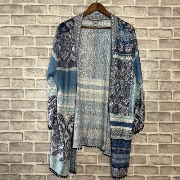 Catherines Sweaters - Catherine’s Plus Size Coastal Blue Bohemian Printed Open Front Kimono Sweater 2X